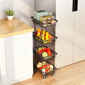 4 Tier Slim Fruit Basket for Kitchen, Stackable Metal Wire Fruit Vegetable Storage Baskets Organizer Stand on Wheels, Produce Basket Potato Onion Storage Bins Rack for Pantry.(Black)