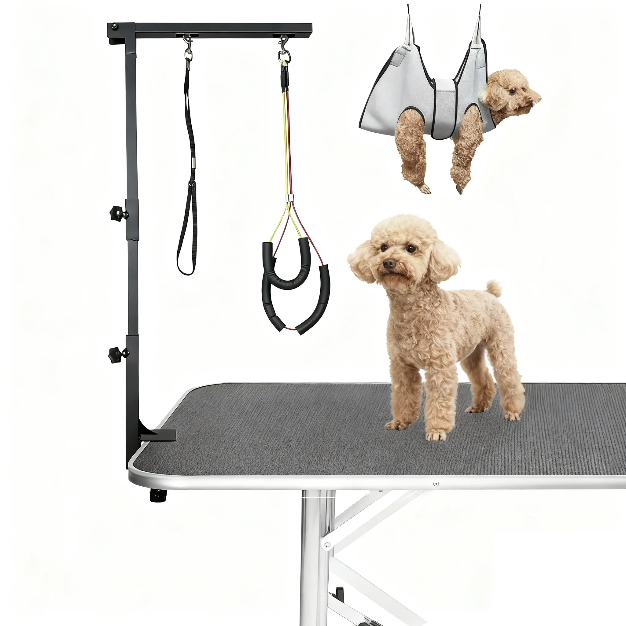 Metal Dog Grooming Arm with Clamp & Foldable Polyester Pet Hammock - 22"-36" Height Adjustable, 3-Section Foldable Design, 2 No-Sit Haunch Holders, Beauty/Hair Care Tool for Small-Medium Pets, Prevents Excessive Movement (Table Not Included), Secure Holdi