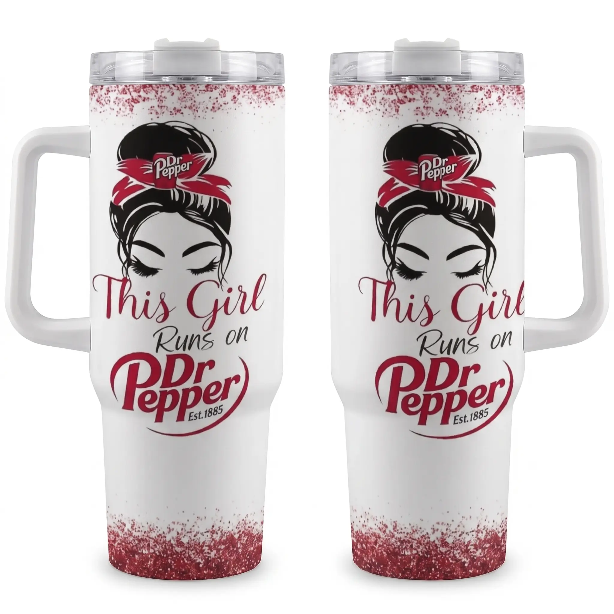 Dr Pepper Tumbler 40oz With Handle, "This Girl Runs On Dr Pepper" Messy Bun Glitters Travel Mug, Insulated Stainless Steel Soda Lover Cup Gift For Her, Pepper Up Your Life, Vintage Dr Pepper Cup, Insulated Stainless Steel Gift For Women,Dr Pepper Fan Gift