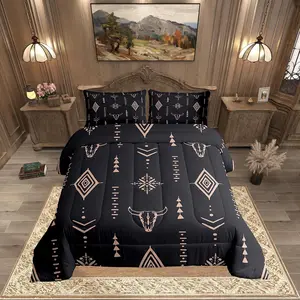 Feelyou Bull Skull Microfiber Bedding Set - Comfy, Breathable Boho Ethnic Horns, Tribal Symbol, Mysterious Aztec Abstract Geometric Duvet Insert, Black Brown Blankets, Room Decor, Bedroom Inspo, Apartment Stuff, Bedroom Gift