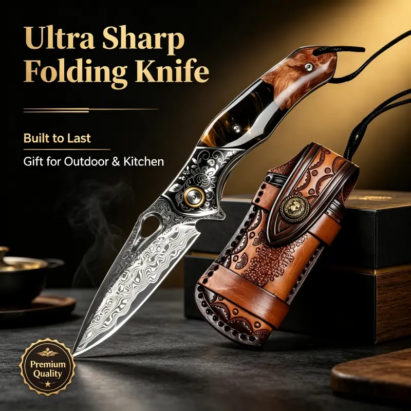 Damascus Folding Kitchen Knife, Maple Resin Handle, Sharp Hand-Forged Steel Blade, Exquisite EDC Tool, Unique Gifts for Man, Gift Ideas for Collectors