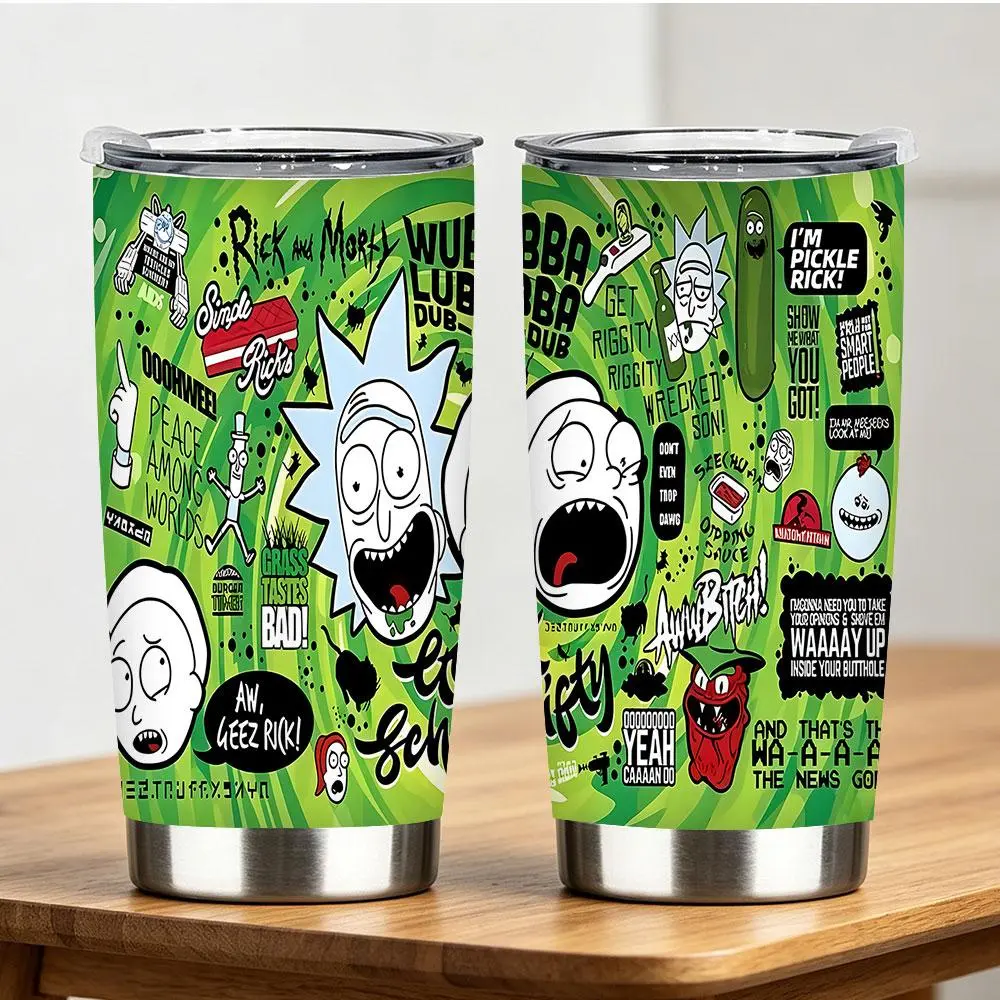 Rick and Morty Stainless Steel Insulated Water Bottle - 1-Piece Multi-Size Travel Mug, Green Portal Swirls Background, Pickle Rick & Szechuan Sauce Cartoon Quotes Print, 12/18/20/30/40 oz Sci-Fi Cartoon Fan Gift Kitchenware Flask