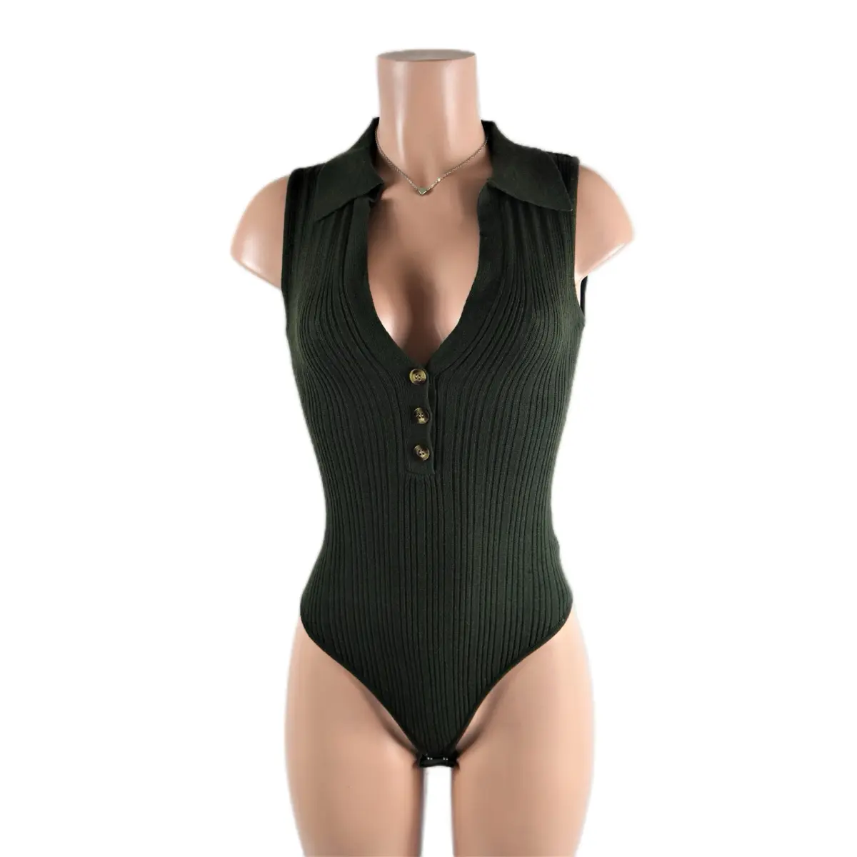 Olive Knit Suit Collared Sleeveless Sweater Bodysuits
