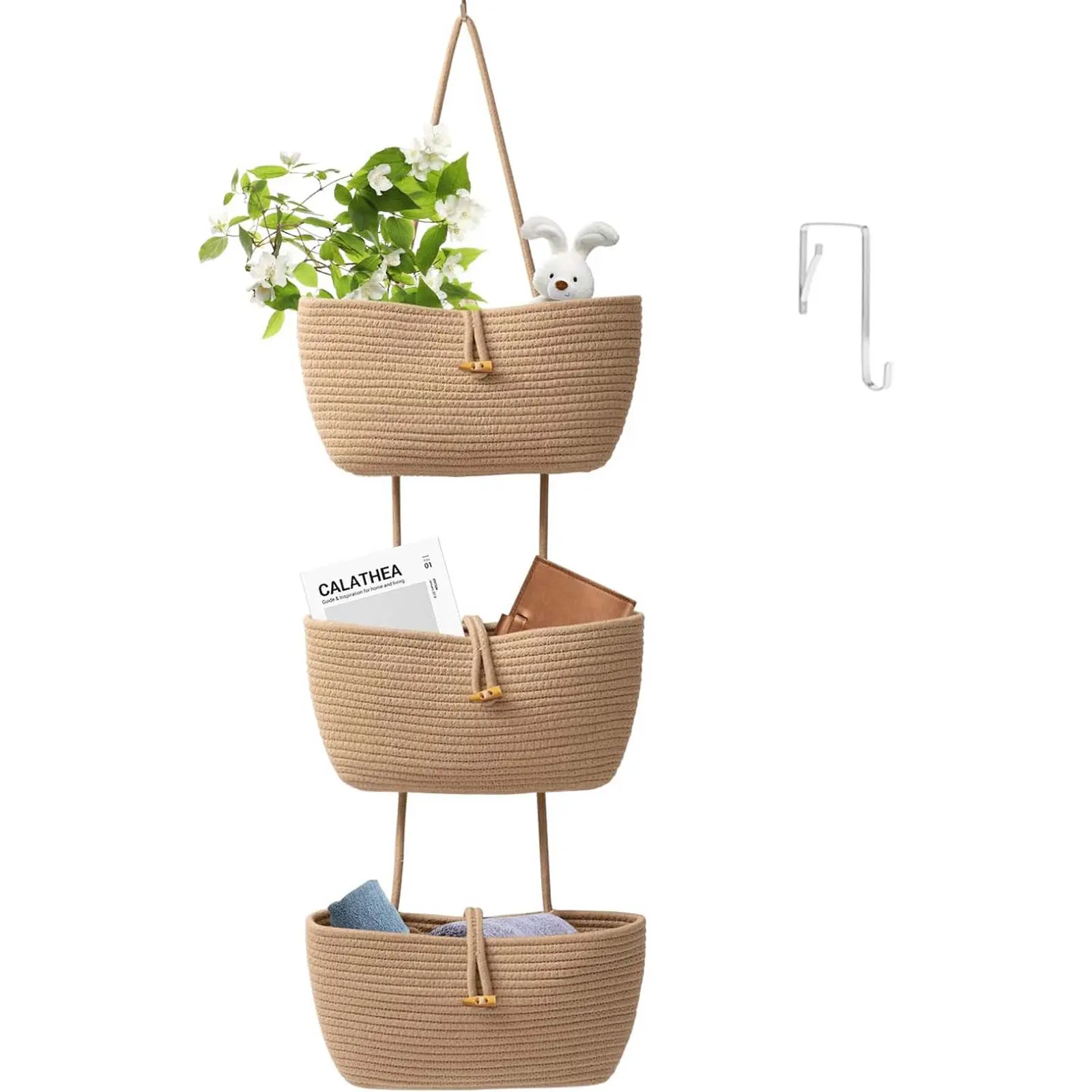 Boho 3-Tier Hanging Baskets, Woven Cotton Rope Over the Door Organizer for Bedroom, Dorm Room Organizing - Minimalist, Detachable, and Folds Flat, Diapers, Adjustable