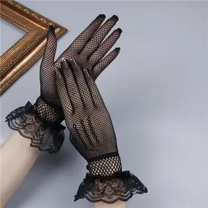SleekHush Black Fishnet Lace Gloves for Women - Short Sheer Mesh Gloves with Bow & Ruffle Wrist, Elegant Vintage Gloves for Party, Cosplay & Daily
