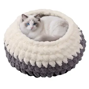 Cloud-Like Donut Cat Bed - Ultra-Soft Two-Tone Plush, Calming Cuddler for Indoor Cats & Small Pets