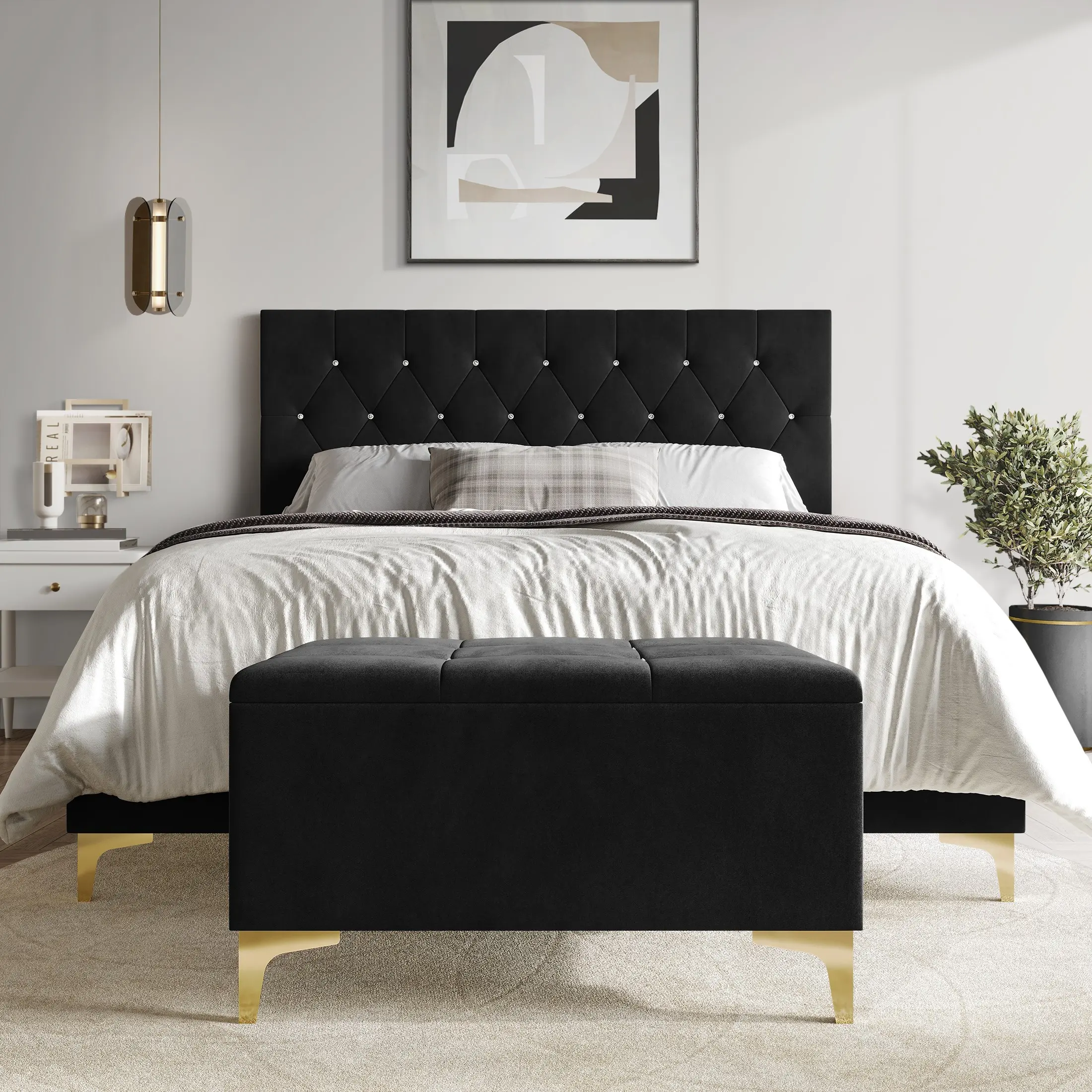 Gatsby Crystal Diamond Tufted Velvet Upholstered Bed with Storage Bench Black Modern Design