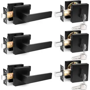 Flat Black Passage Door Lever with Single Cylinder Deadbolts Combo Pack, Modern Square Lock Set Handleset,Exterior Door Handle and Deadbolts Set,Exterior Door Lever Passage 3 Pack