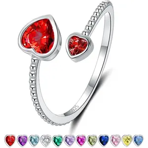 Birthstone Rings for Women - Adjustable Open Heart Ring Constellation Month Band for Her Birthday Gifts