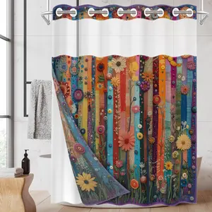 1PC/4PCS 2D Flat Printing Spring Joy Colorful Flowers Striped Background Patterned shower curtain, home bathroom decor, Shower Essentials, shower curtain set with 12 hooks, non-slip bathroom rug, U-shaped toilet seat cover, toilet seat mat.