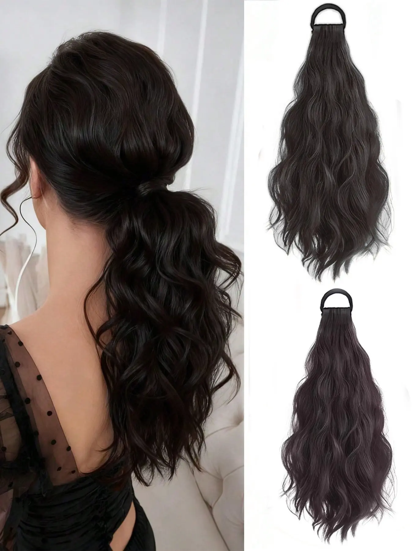 Elastic Ponytail Wig, Low Bun Big Wavy Curly Braid, Natural Fluffy Slouchy Clip-In Ponytail Wavy Curly Ponytails Hair Scrunchie ,Ponytail Holders ,Hair Elastics ,Hair Rubber Bands ,Hair Rope Hair Ties, Synthetic Extensions, Synthetic Hairpieces