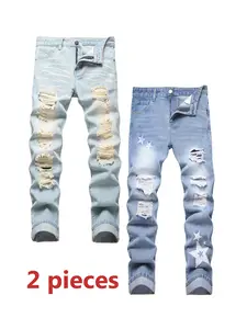 2 Pieces jeans for men Light Blue & Blue Slim Fit Jeans Casual Straight Leg Fashion Ripped Denim Pants Pocket birthday outfits pants for men