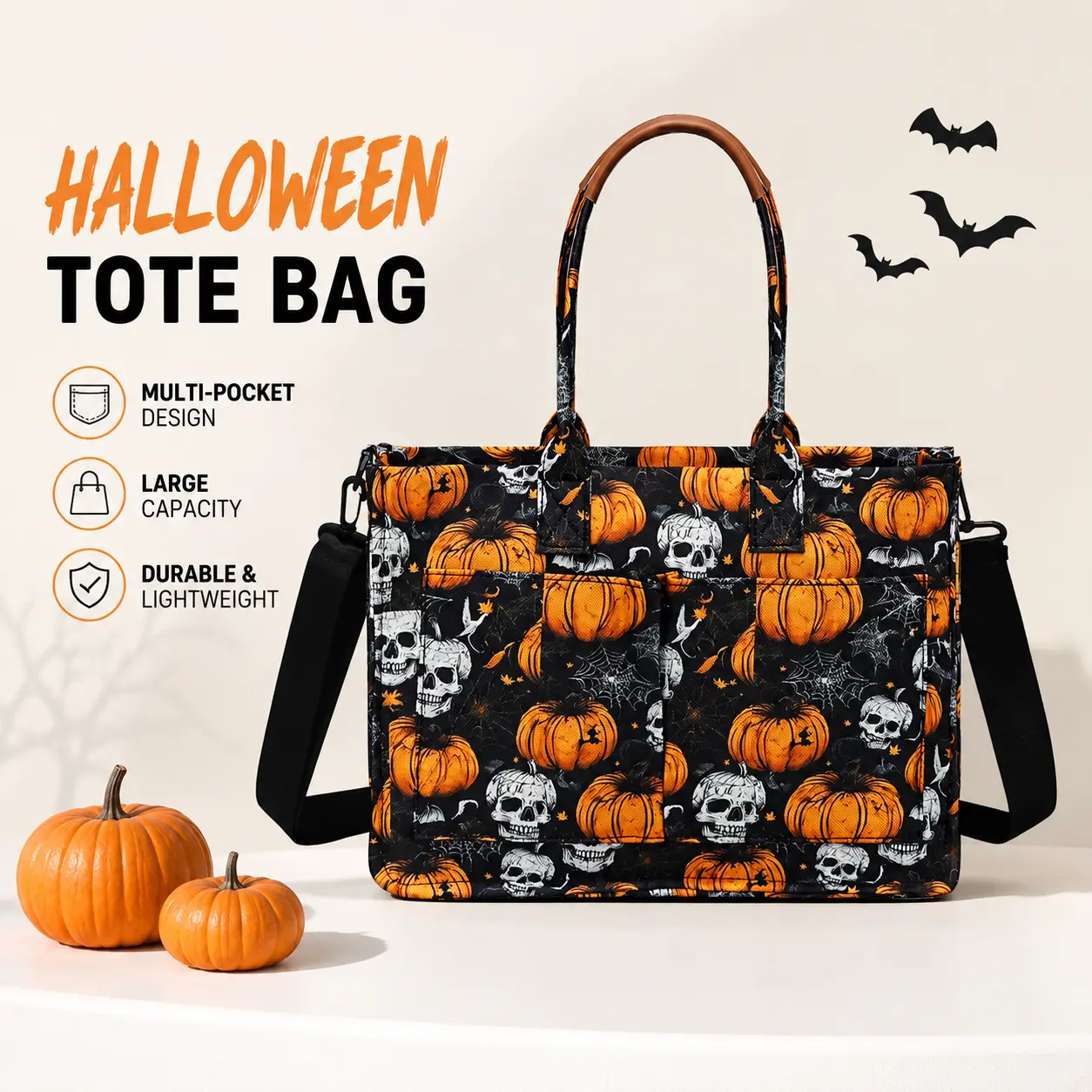 Riverich Halloween Pumpkin Skull Tote Bag, Gothic Canvas Shoulder Bag for Women and Men, Large Capacity Reusable Trick-or-Treat Bag for Party, Travel, School & Daily Use, Spooky Season Gift for Her and Him
