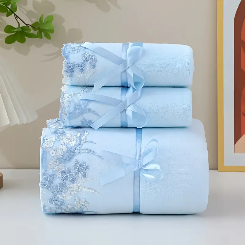 Set of 3 Lace-Embroidered Towels, Including 2 Soft Microfiber Towels And 1 Bath Towel, Perfect for Bathroom Use And Highly Absorbent