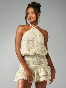 MISSGUIDED Floral Chiffon Mini Dress With Halter Neck And Ruffle Hem