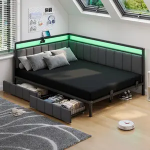 The Corner Bed Frame with Storage Drawers, Twin Daybed with Line Fabric Upholstered Fence, Kids Bed Unit with LED Light and Charging Station, Modern Bed Frame Twin Size,(No Mattress )