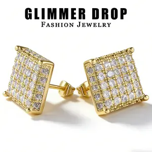 Hiphop Trendy Square Micro-Pavé Cubic Zirconia Stud Earrings - Gold Copper Cool Fashion Hip Hop Earrings Hip Hop Accessories Hip Hop Style Jewelry