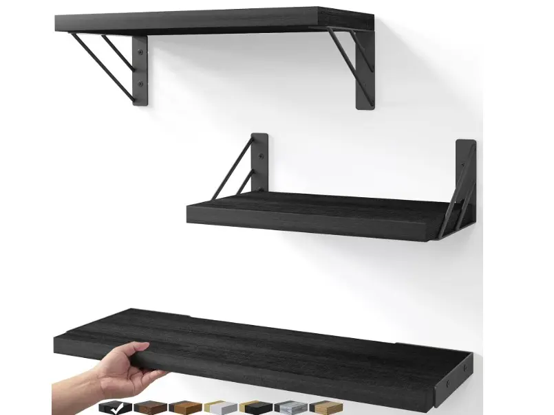 Set of 3  Wall Mounted Floating Shelves, Wood Floating Wall Shelf （Black，Set of 3）