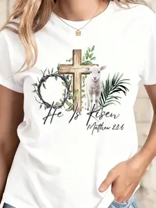 Women's White T-Shirt He Is Risen Cross Lamb And Crown Of Thorns With Bible Verse Matthew 286 Easter Christian Religious Apparel For Spring And Religious Events
