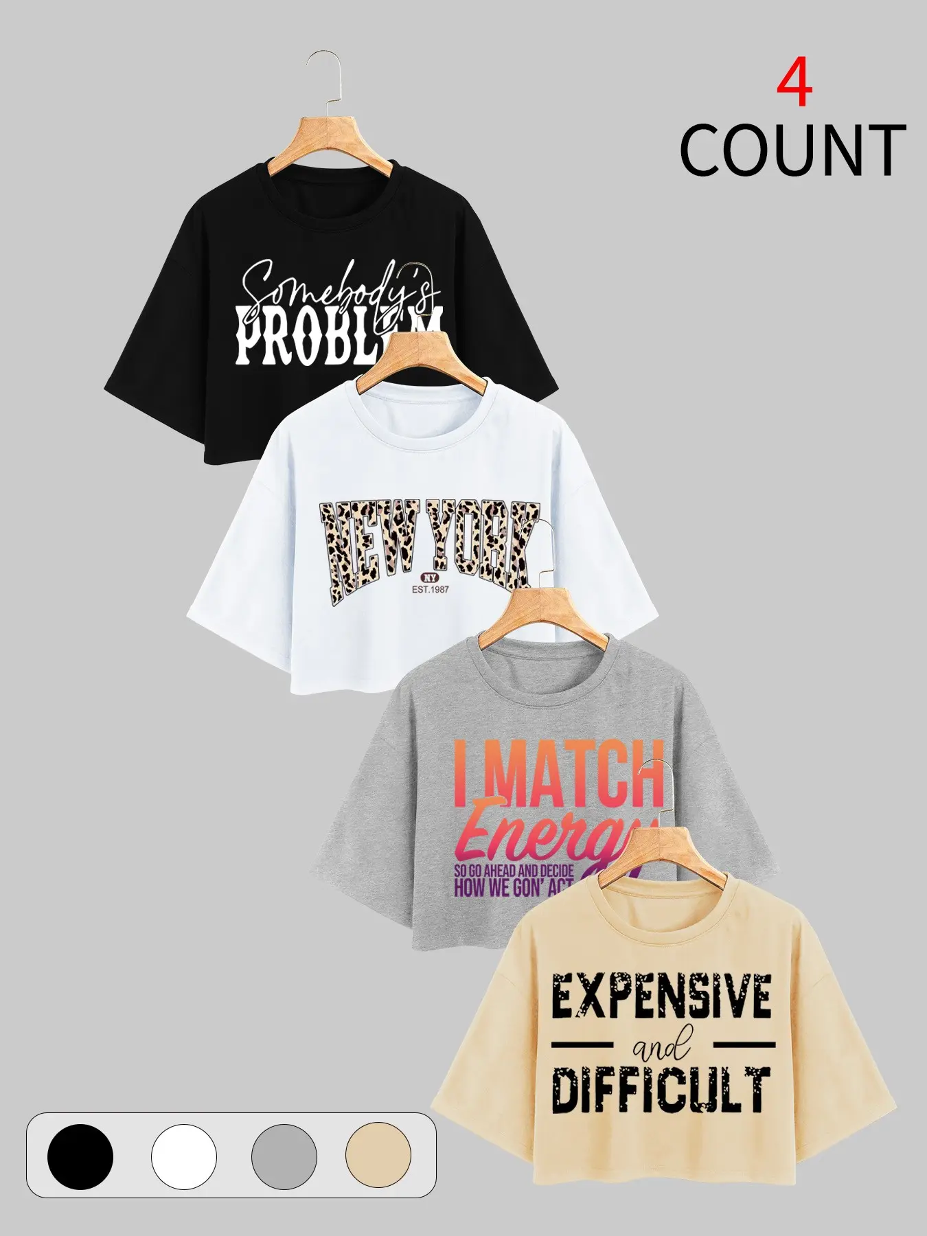 Women's 4-Pack Graphic Prints Cropped T-Shirts Top, Oversized Baggy Loose Short Sleeve Crew Neck, Gym Workout Slogans, Soft Breathable Fabric, Casual Summer Streetwear