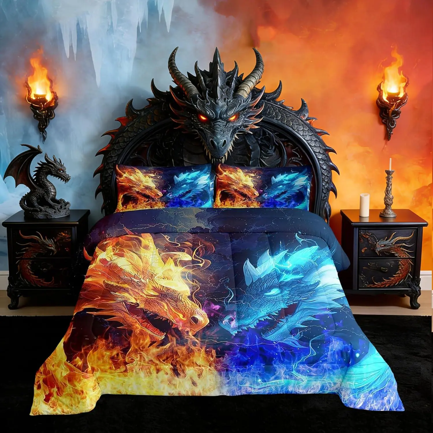 Feelyou Dragon Comforter Set - Ice and Fire Magical Cartoon Animal Duvet Insert, Blue & Golden Wildlife Bedding, Machine Washable Animals Themed Linens for Kids Rooms, Room Decor, Bedroom Decor Ideas