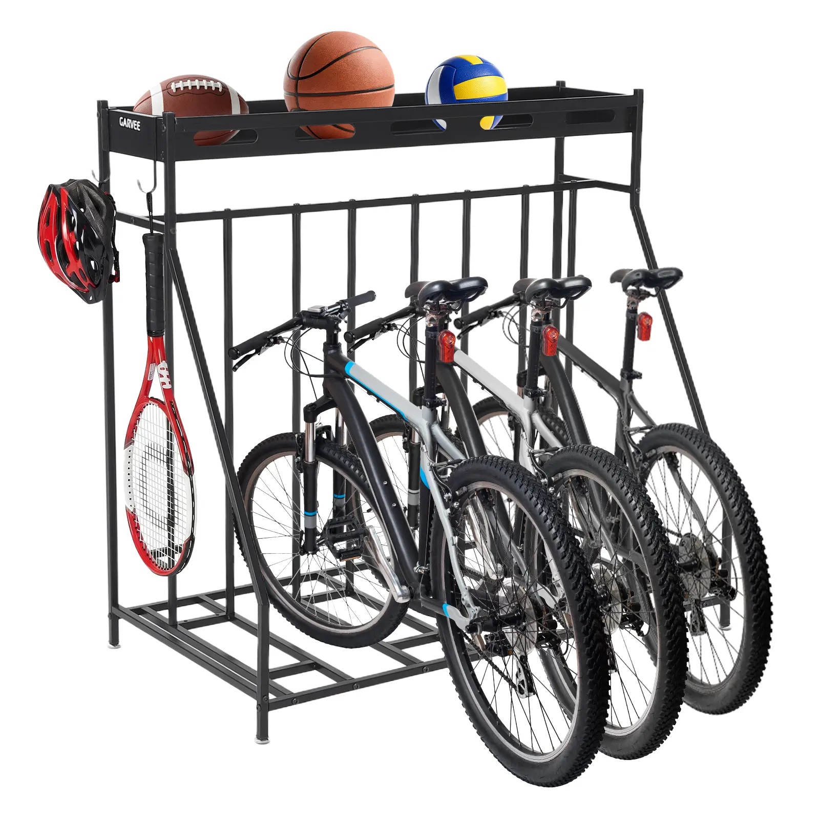 Bike Rack Garage Storage Floor Stand Holds 4 Bicycle Freestanding Organizer for Outdoor Yard, Upright Wall Mount for Scooters, Rakes, Motorcycles, Hoverboards, Gloves, Black