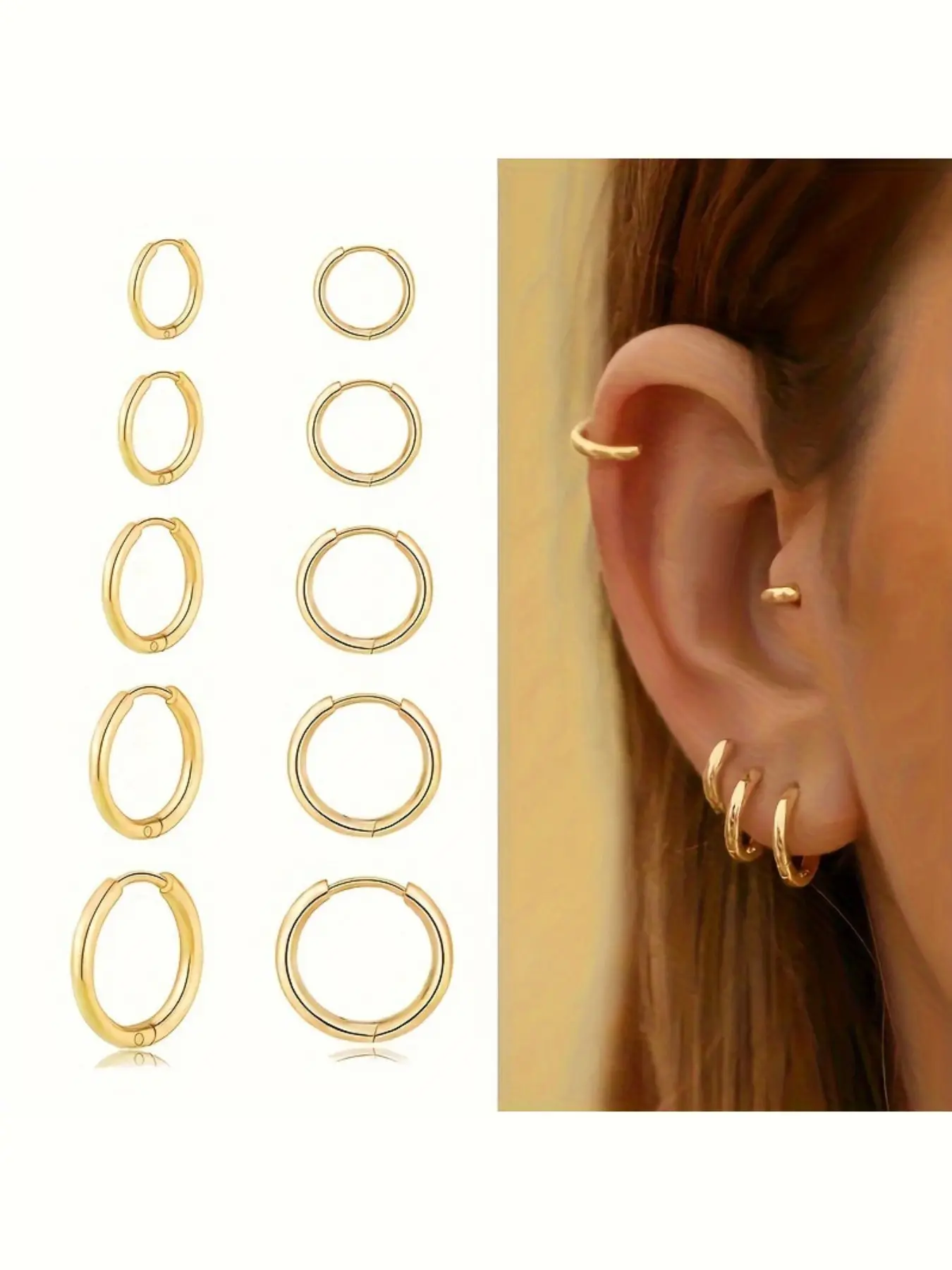 Women's Fashion Stainless Steel Hoop Shape Earrings Set, 5 Pairs Small Circle Design, Suitable for Cartilage Helix Piercing, Thin Round Ear Rings, Earring Jewelry, Hoops Set, Ear Accessories