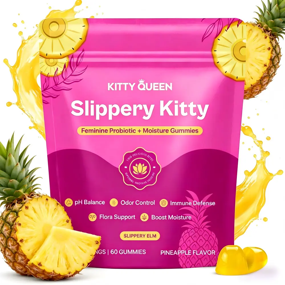 Slippery Kitty Women Daily Edible Fitness Probiotic Gummies, Slippery Elm & Prebiotic Complex for Feminine pH Balance & Odor Management, Hawaiian Pineapple 60ct