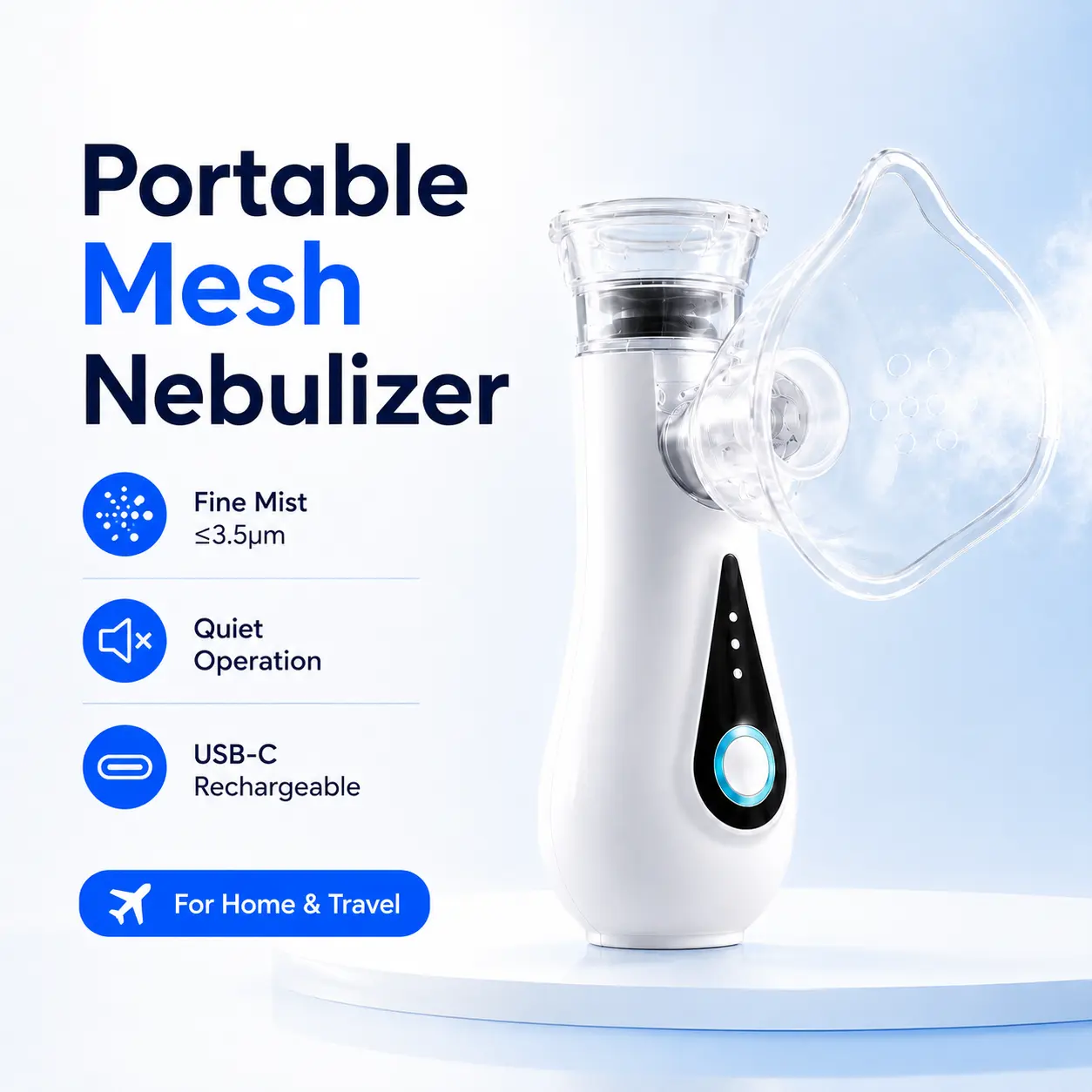 Lightweight Portable Handheld Mesh Nebulizer, USB Rechargeable Quiet Fine Mist Inhaler with Adult-Kids Masks, Removable Self-Cleaning Mini Atomizer for Home & Travel Care