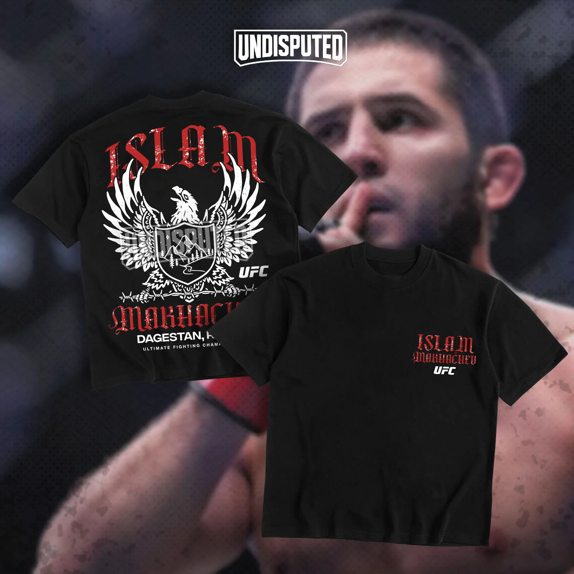 UNDISPUTED  Islam Makhachev Eagle Mountain Of Dagestan UFC Heavy Cotton Shirt UFC Tshirt UFC 322 Hoodie Zip Up Hoodie Fan Apparel Menswear Direct-to-garment Breathable Printing