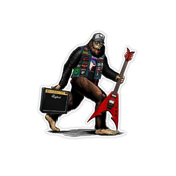 Heavy Metal Bigfoot Guitar Sticker, Sasquatch Rock Band Vinyl Decal, Funny Bigfoot Guitar Rocks Waterproof Sticker for Laptop Car Helmet
