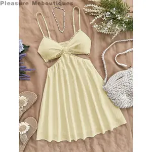 Women's Vacation White Waist Hollow Spaghetti Summer Dress, Ladies Summer Dress, Ladies Pastel Dress