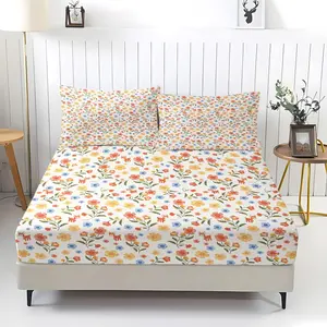 Reindeer and Flower Fitted Sheet Set 3 Pcs, Pink and Yellow Floral Sheet Set, Soft Microfiber Floral Sheets Set, Wrinkle and Fade Resistant, Cozy Home Decor