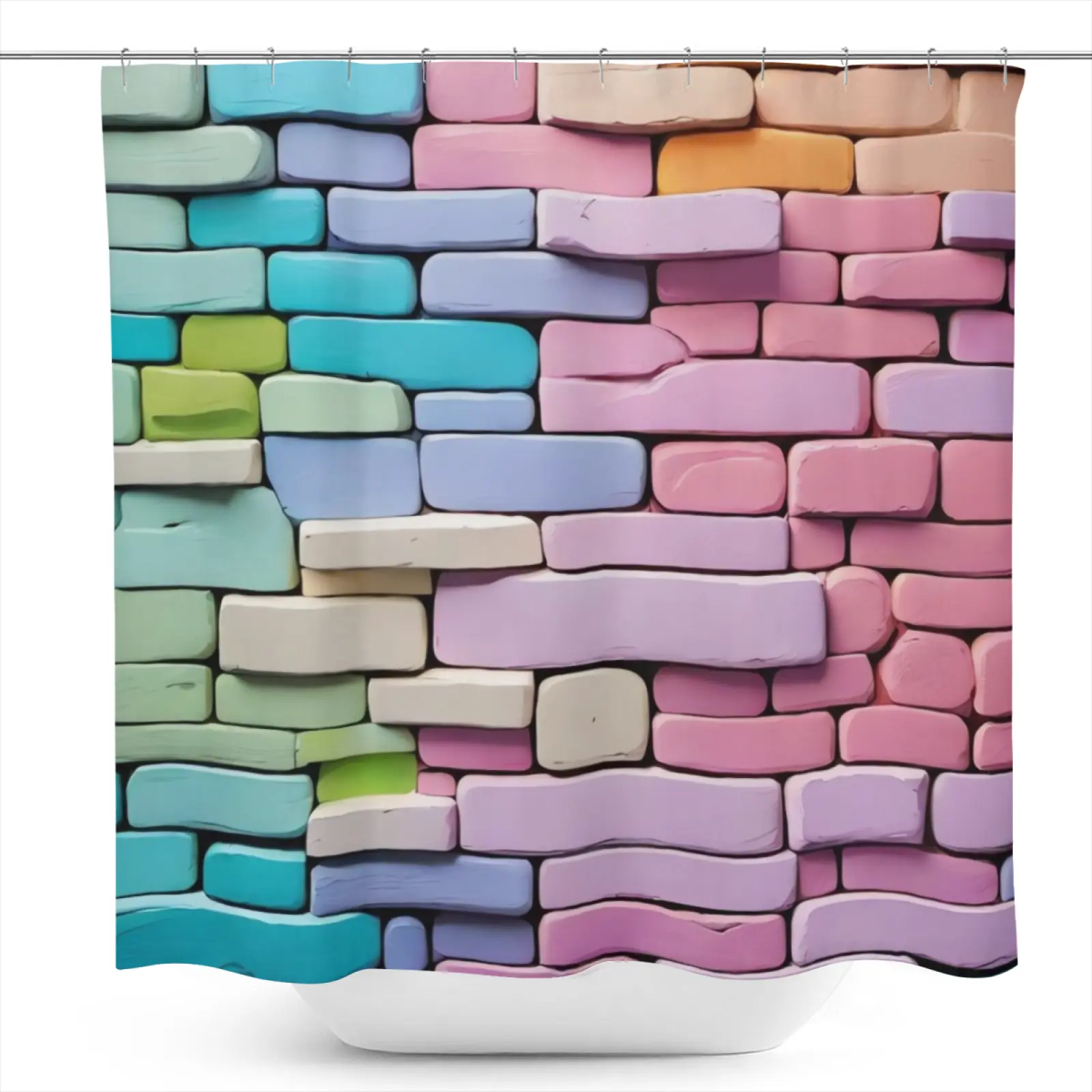 1Pc Pastel Brick Wall Texture Waterproof Polyester Shower Curtain with 12 Hooks, 71in W X 71in H, Modern Art Design, Washable Bathroom Decoration for All Seasons, Resistant