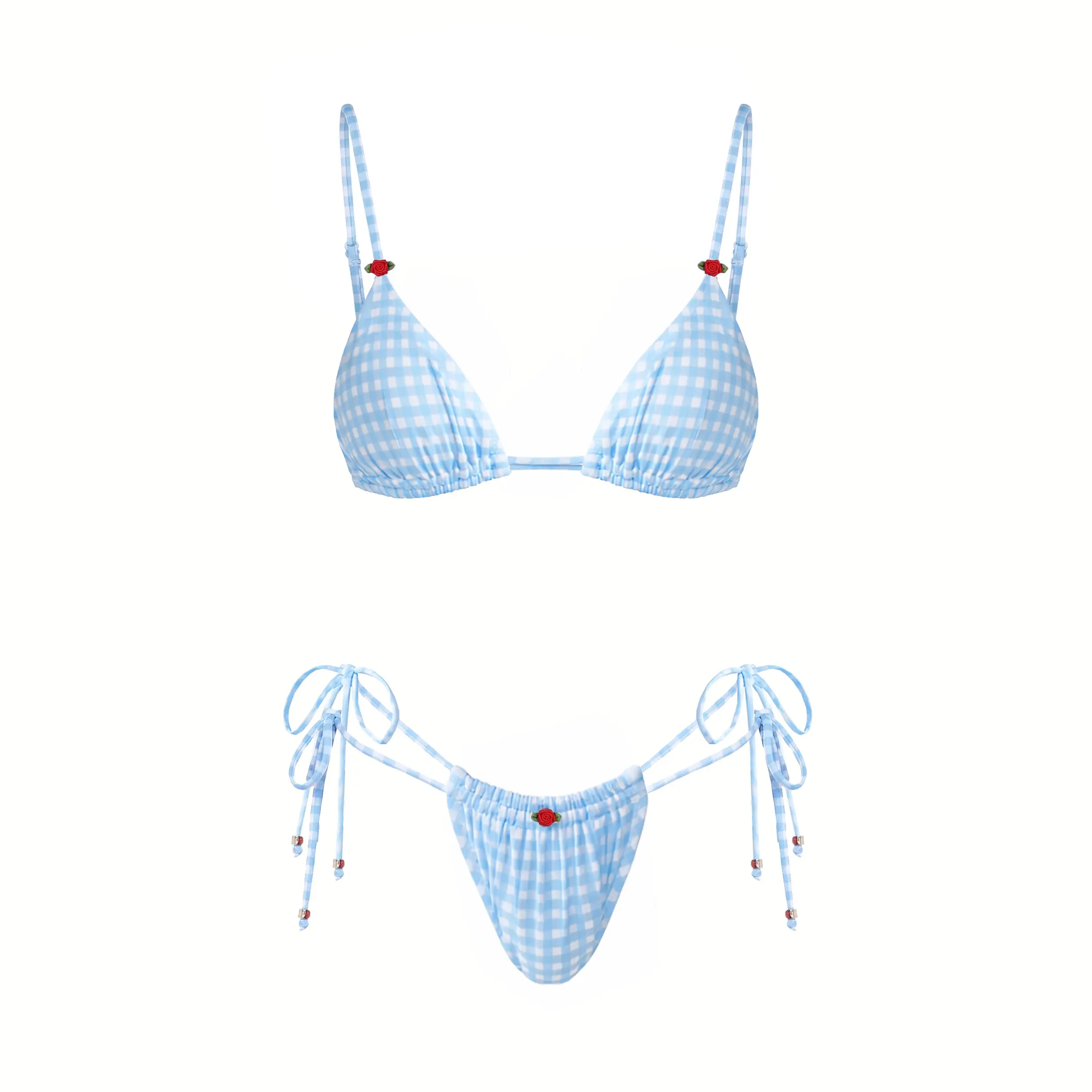 2026 new women’s three-piece micro bikini set with plaid print and bow—fashionable, sexy low-rise tie two-piece swimsuit set with short skirt; ideal for holiday casual beachwear, swimwear, hot spring wear, and swim party outfits.