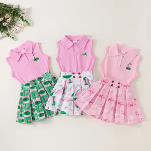 Toddler Baby Girl Sports Outfit sleeveless Lapel Tops Tennis Golf Pattern Mini A Line Skirt Cute 2 Pcs Set