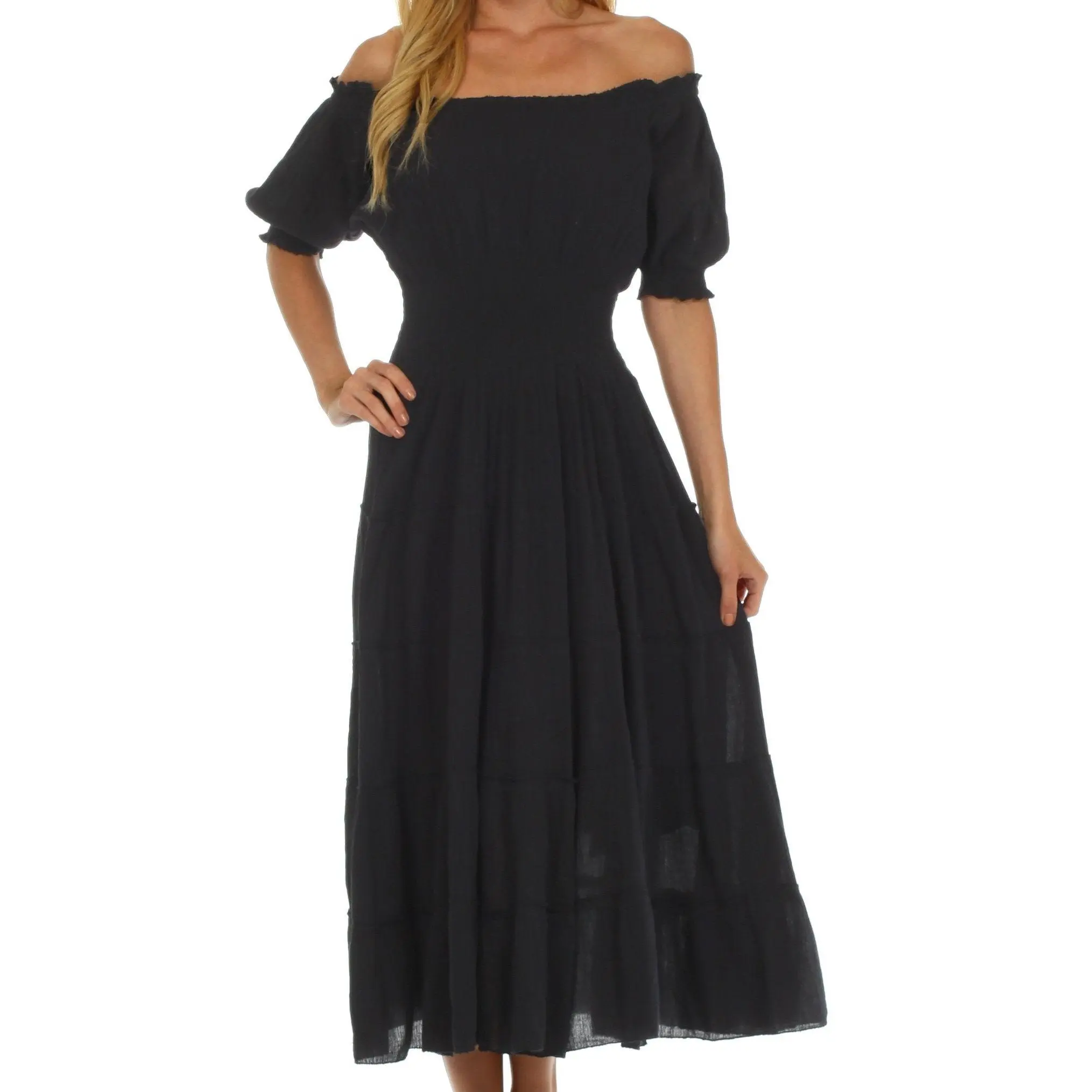 Sakkas Cotton Crepe Smocked Peasant Gypsy Boho Renaissance Mid Length Dress
