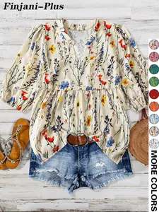 【Plus Size】 Floral Print Notched Neck Boho Cottagecore Blouse, Boho Floral Printed Casual Bishop Sleeve Top for Summer, Women's Clothes for Daily Wear