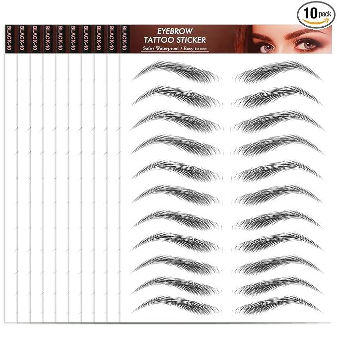 10 Sheets Waterproof Eyebrow Tattoo Artificial Eyebrows Sticker 4D Hair-Like Eyebrow Tattoos Stickers Temporary Eyebrow Tattoo For Women Long-Lasting Eyebrow Christmas For Makeup Beginner(Black-10)