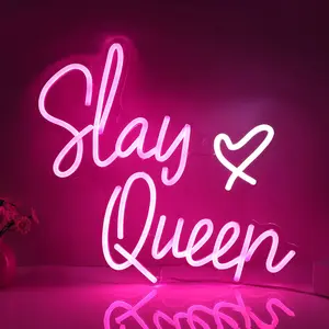ROSNEK Slay Queen Neon Sign USB Pink White LED Light Up for Wall Decor Dimmable Aesthetic Room Dorm Birthday Party Christmas Gifts Modern Rustic Lamps Nightlight