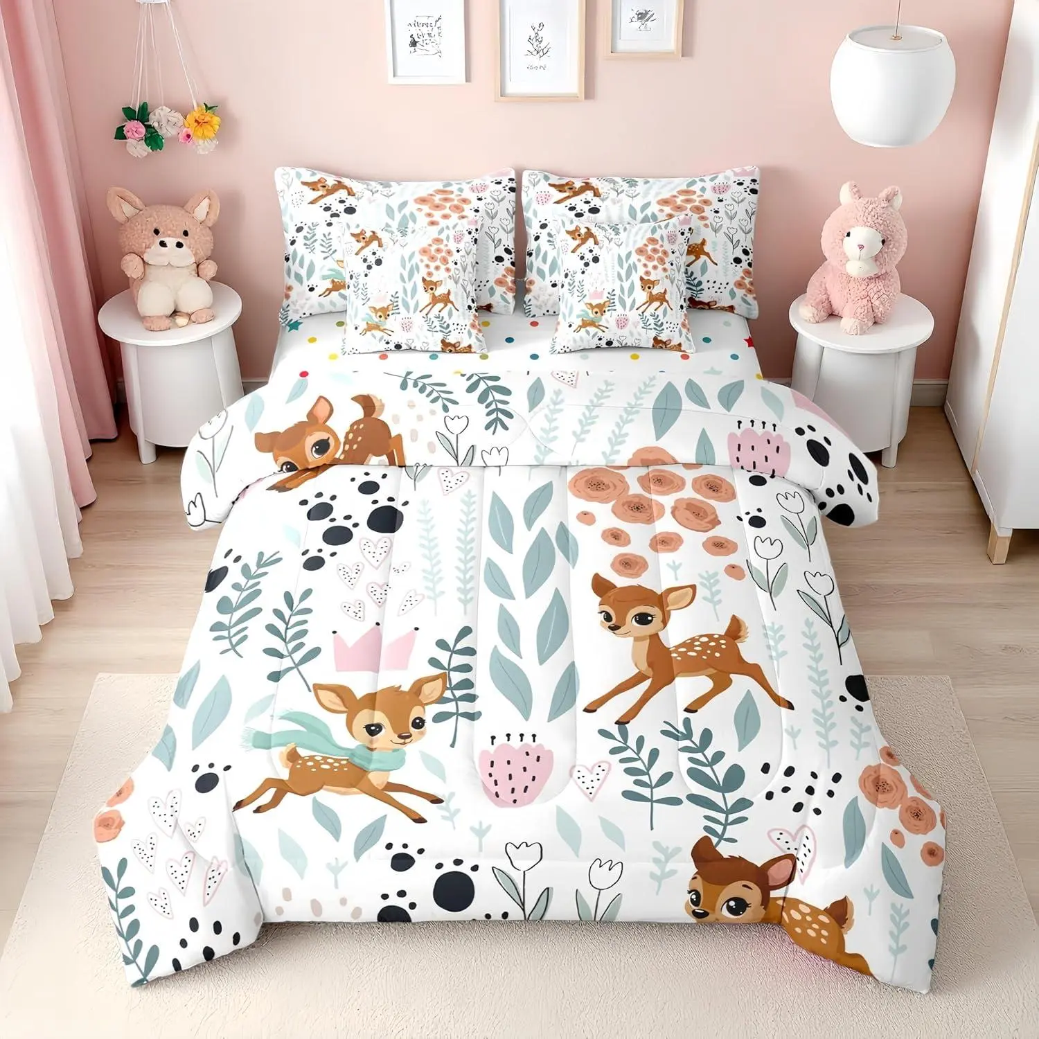 7 Piece Deer Bedding Set,Forest Zoo Animal Print Deer Comforter Set with Sheets,Green Leaf Pink Flower Fitted Flat Sheet Paw Print Cartoon Bed in a Bag