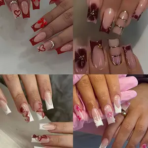 96pcs Long Square Fake Nails, French Art Style, Reusable, Easy to Wear, Includes Jelly Glue and Nail File, Perfect for All Seasons, Nail Kit Set