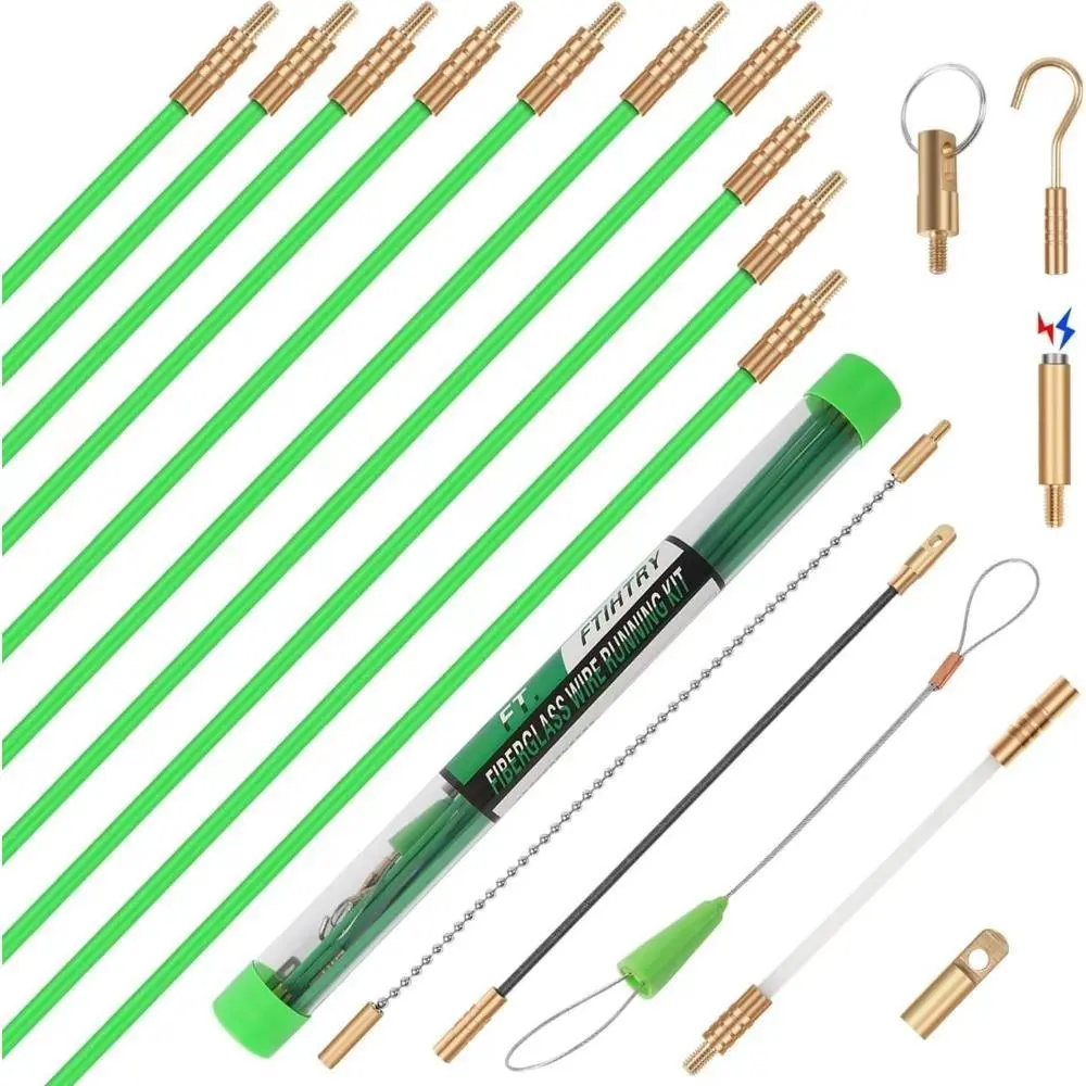 14FT Fiberglass Running Electrical Wire Glow Rods For Wire Pulling with 8 Different Attachments, Fish Rods Electrical Kit and Fish Tape Wire Puller