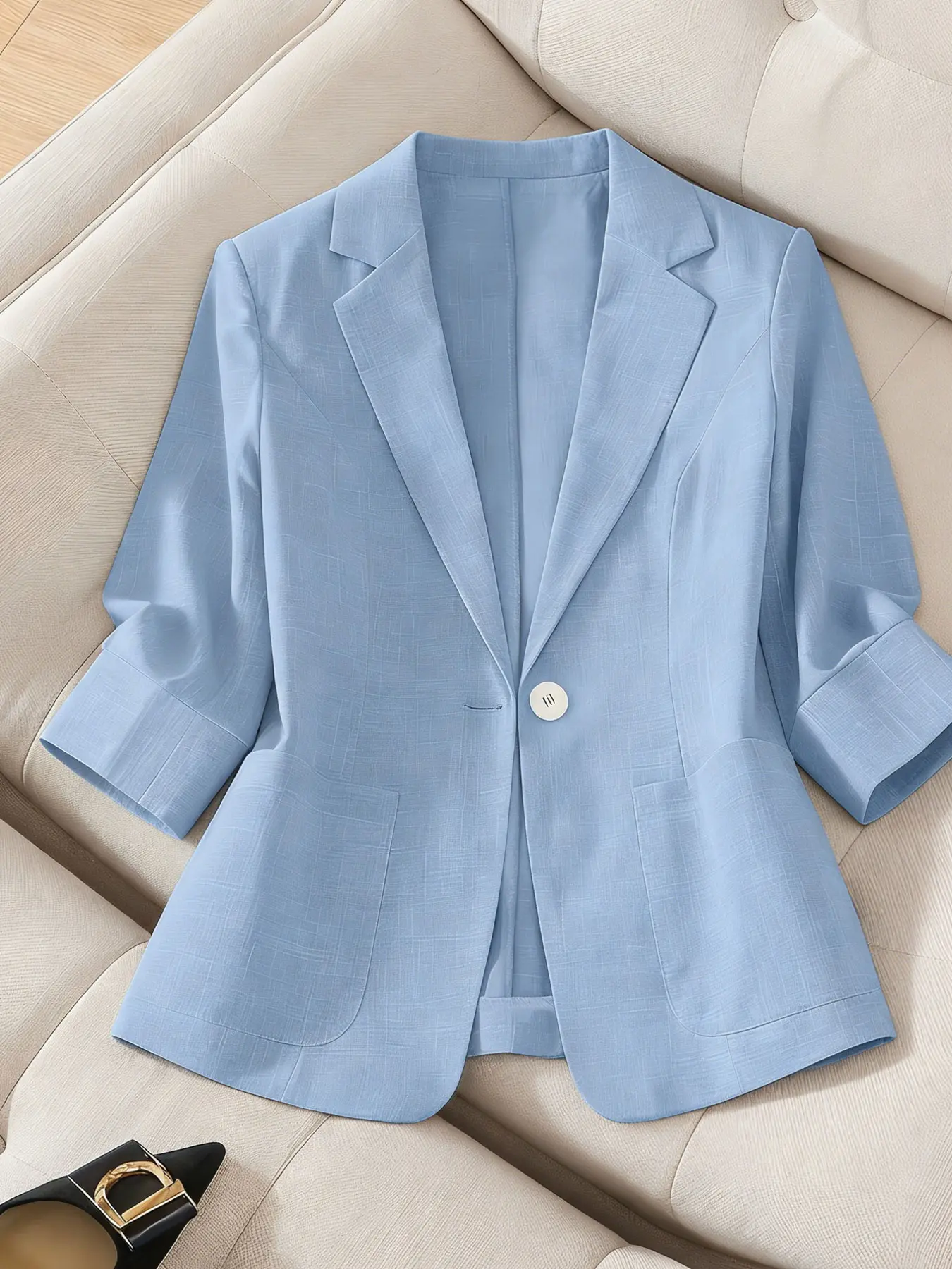 A women's solid color lightweight elegant high-end three-quarter sleeve Fitted Notched Lapel Blazer Jackets, Classic Office Wear, Business Style Jacket, suitable for spring and summer, ideal for commuting and daily wear.