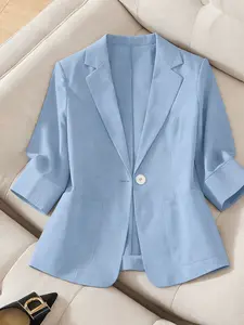 A women's solid color lightweight elegant high-end three-quarter sleeve Fitted Notched Lapel Blazer, suitable for spring and summer, ideal for commuting and daily wear.