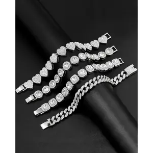4-Piece Luxury Rhinestone-Decorated Hip Hop Cuban Link Bracelets Set - Stackable Bangles, Hand Chains, Bracelets  Women, Unisex Fashion Accessory, Birthday Gift  Daily & Party Use for