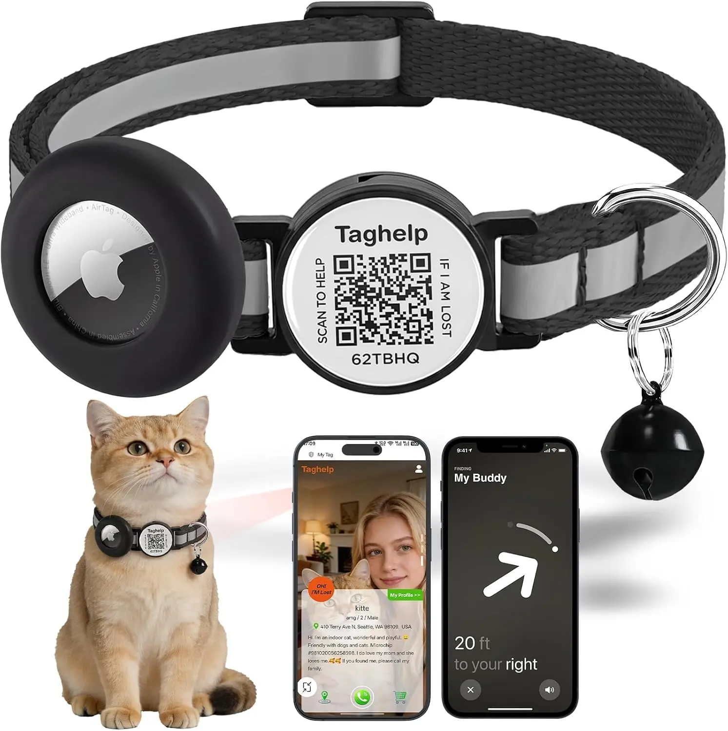 Airtag Cat Collar Breakaway with QR Code Name Tag, Reflective cat Collar airtag Holder with Bell, Cat ID Tag Personalized, Ultra-Durable, Adjustable, Quick Release, Fits Most Cats (Black)
