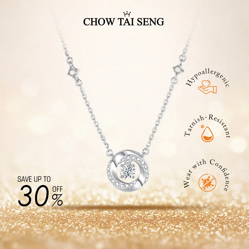 CHOW TAI SENG S925 Silver Zircon Mobius Loop Bubble Necklace