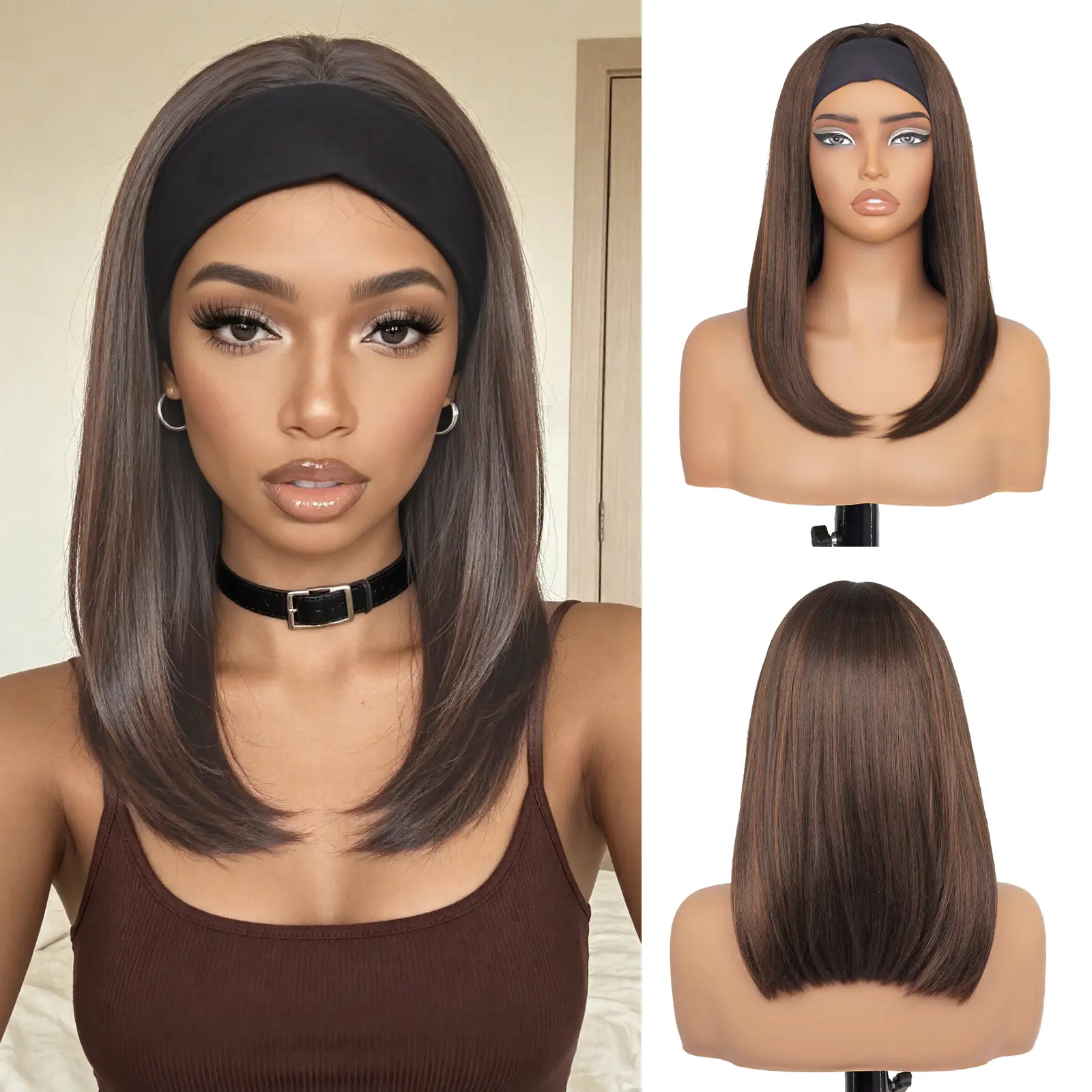 Elegant Highlight Headband Wig with Sleek Straight Hair Short Brown Wig Put On and Go Glueless Wig Natural Looking for Daily Wear