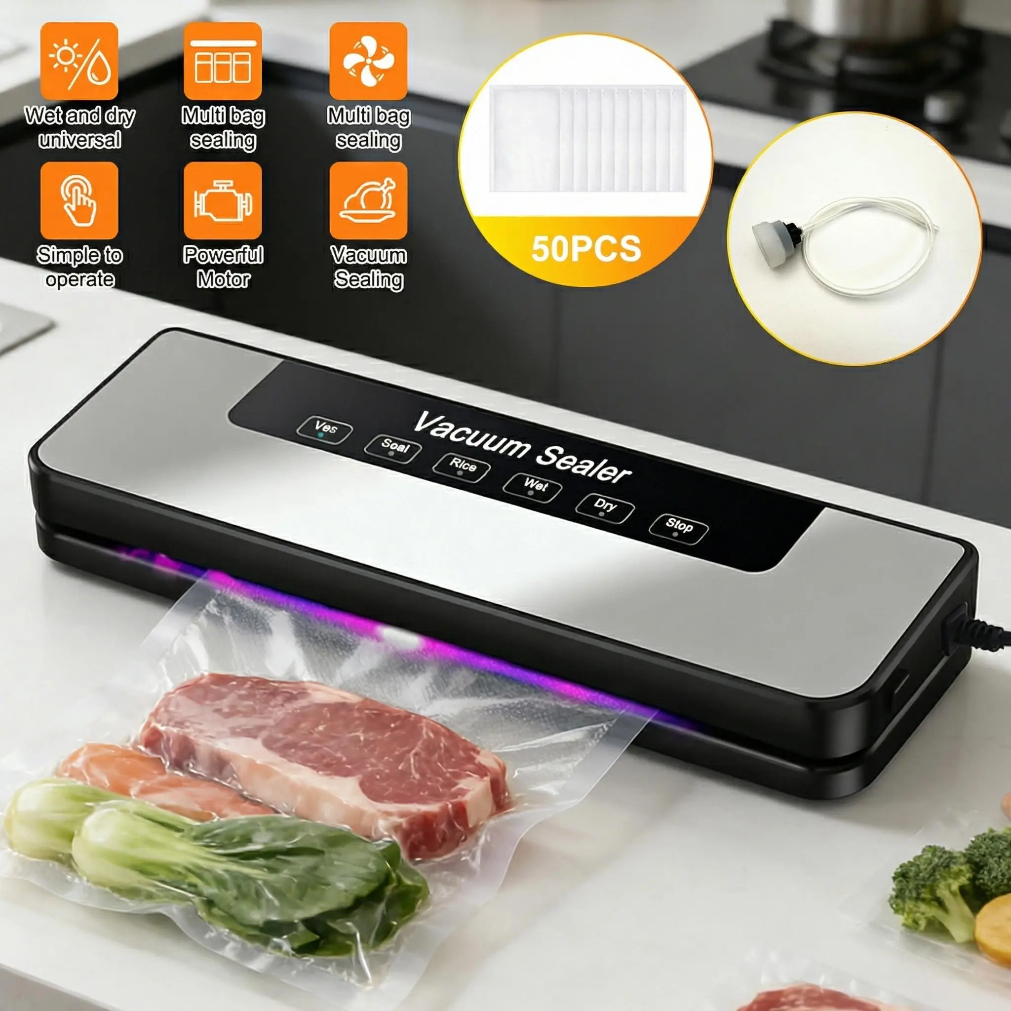 【FathersDayGift】Vacuum Sealer Kit 65kPa, Includes 50 Vacuum Sealing Bags, Features Dual Dry/wet Modes, 6-in-1 Sealer Suitable for Storage And Sous Vide Cooking, Automatic Sealing Machine,Extends Food Freshness By 5 Times,  A Modern Vacuum Sealing Device